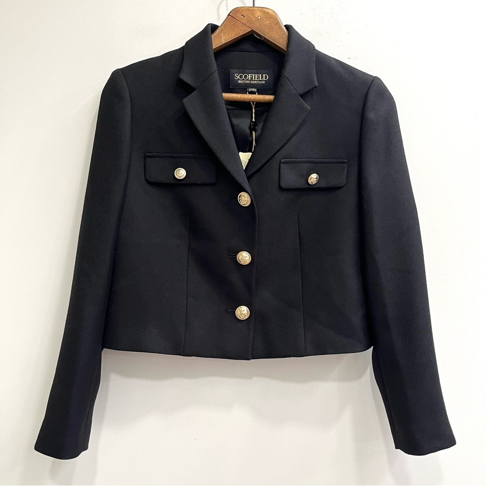 Scofield British Heritage Black Wool Military Inspired Cropped Blazer Size 6